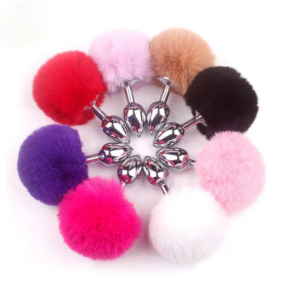 Cute Soft Artificial Feather Ball Tail Metal Anal Plug